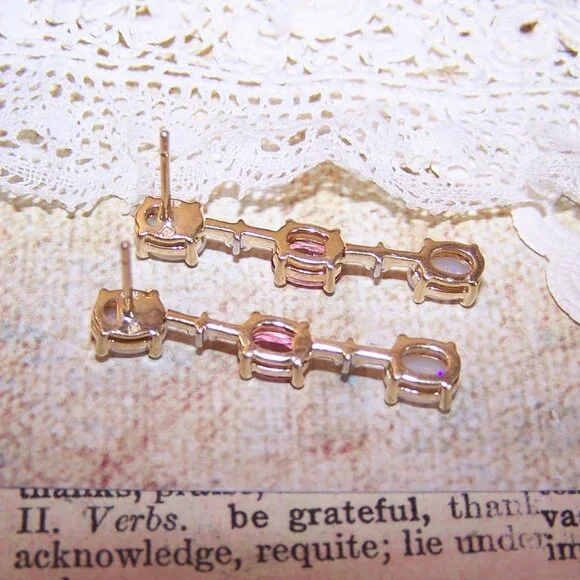 14K Gold Opal Diamond and Pink Tourmaline Dangle Drop Earrings - Posts with Nuts - Picture 10 of 11